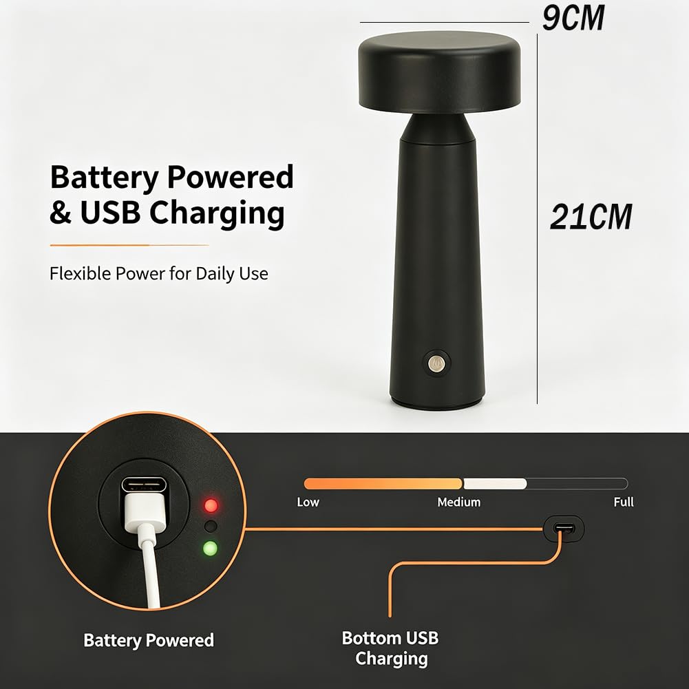 Akku Tischlampe Kabellos LED Dimmbar Innen Tischleuchte Schwarz USB Aufladung Batteriebetrieben Nachttischlampe, Leselampe, 3 Helligkeitsstufen Nachttischlampe Stilvolle Beleuchtung Lichter