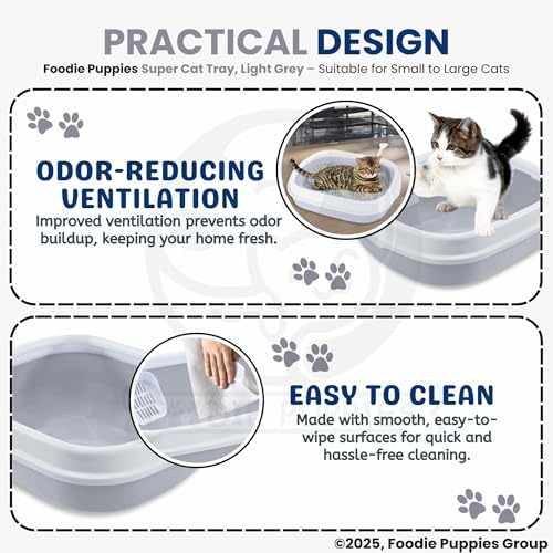 Image of Foodie Puppies Cat Litter Box Tray with Rim and Scooper (Large, 46 x 38 x 13 cm) | Semi-Closed Design and Durable Quality | Pet Litter Sand Tray Suitable for All Adult Cats & Kittens (Light Grey)