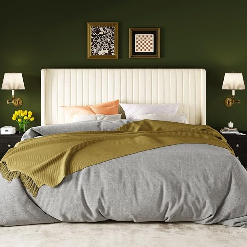 Image of Allewie King Size Velvet Bed Frame /Vertical Channel Tufted Wingback Headboard /Upholstered Platform Bed /No Box Spring Needed /Strong Wooden Slats /Easy Assembly /Cream White