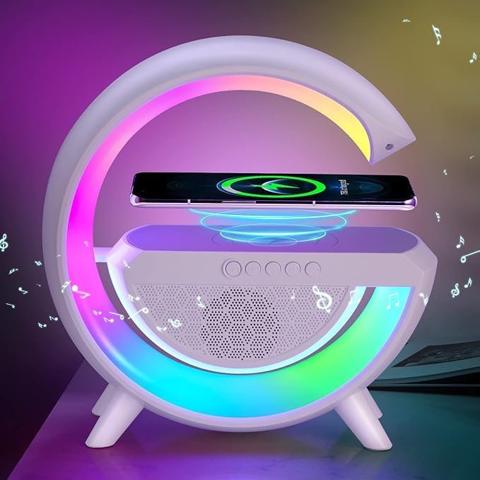 Unique Products Wireless Charger 4 in 1 Lamp with Bluetooth Speaker Fm Radio 6 RGB Music Sync 15W Fast Charging Alarm Clock Night Light (Multicolor)-image-17