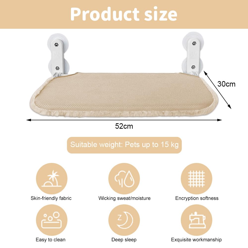 Amaca per gatti, Amaca pieghevole da 52 x 30 cm per gatti da interno, letto a finestra per gatti con robusto telaio in metallo e 4 robuste ventose aggiornate, beige