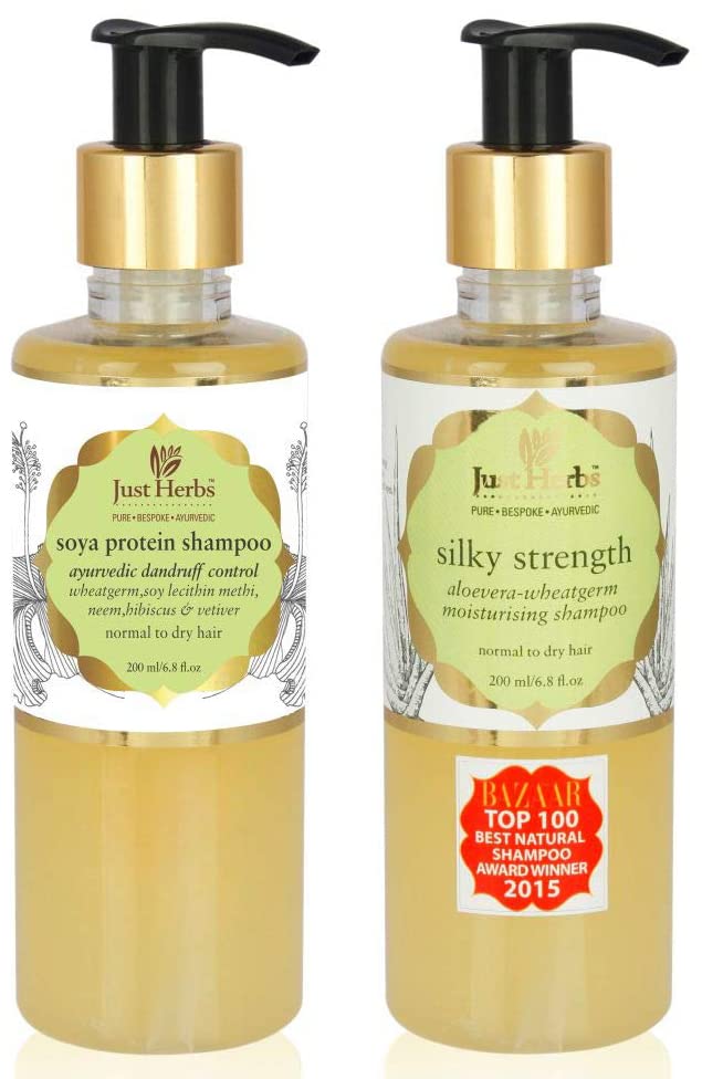 Just Herbs Silky Strength Aloevera Wheatgerm Moisturizing Shampoo for Dry and Brittle Hair-200 ML & Ayurvedic Anti-Dandruff Soya Protein Herbal Shampoo, For Men & Women, Chemical Free - 200 ML-image-42