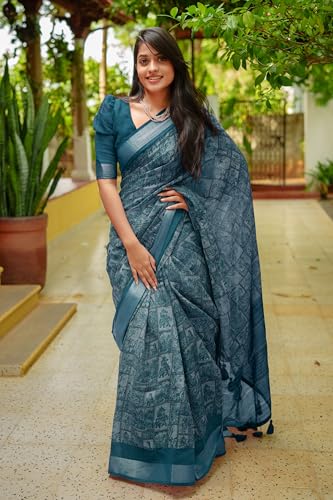Image of MIRCHI FASHION Saree for Woman Cotton Blend Printed | Traditional Ethnic Sari for Ceremonial Use and Farewell with Blouse Piece