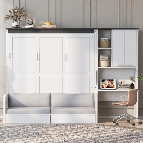 Quarte Queen Murphy Bed with Sofa & Desk White | Queen murphy bed...