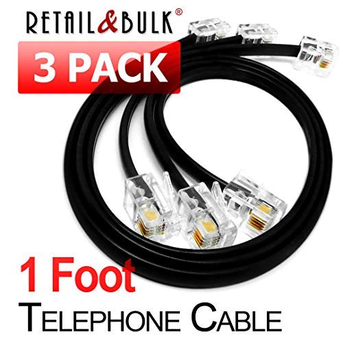 (3 Pack) 1 Foot Short Telephone Cable RJ11 Male to Male, 6P4C Phone Line Cord (12 Inches, Black)