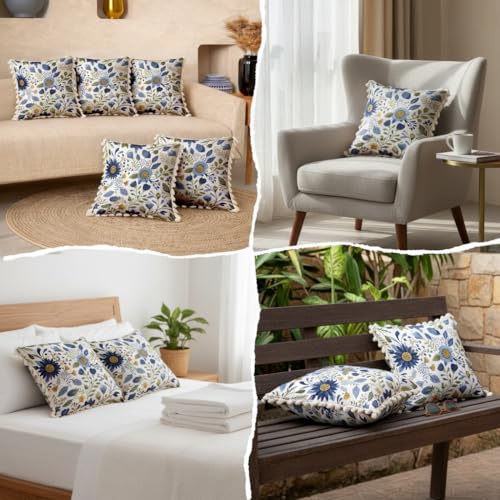 Image of STITCHNEST 'Little Meadow Series' Tassled Cushion Cover | Set of 2 | Floral Cushion Cover 16 inch x 16 inch