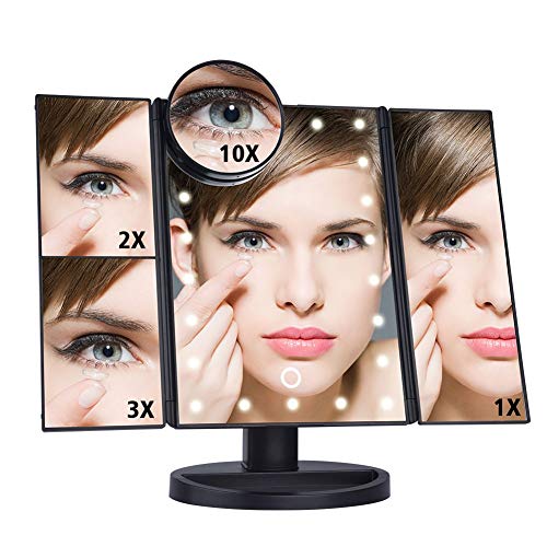 TSHZJ Schminkspiegel mit Licht Kosmetikspiegel beleuchtet Make-up Spiegel mit 22 LED-Beleuchtung 1X 2X 3X 10X Vergrößerungsspiegel Touchschalter für Dimmbare Heilligkeit (Schwarz) Cover