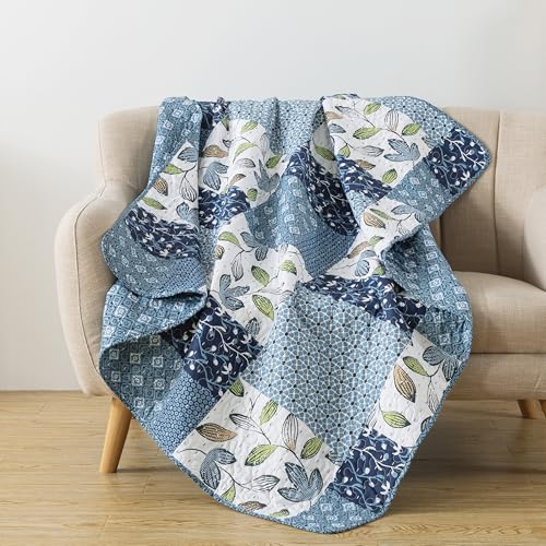 SLPR Pacific Coast 50' x 60' Quilted Throw Blanket, Blue and White Floral Patchwork Throw Quilt for Couch and Bed, Lightweight Lap Quilt