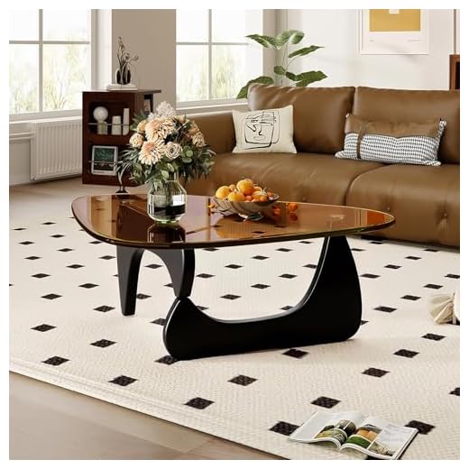 PRITIY Triangle Glass Coffee Table-Mid-Century Modern End Table Solid Wood Base & Vintage Tempered Transparent Glass Top Coffee Tables Living Room Balcony (Black/Brown, Small 32.2 * 22.4 * 16in)
