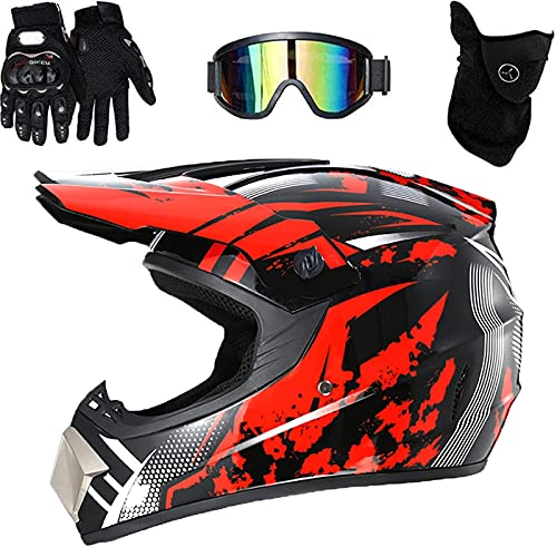 FLGB Casque Moto Cross Homme Femme DOT Certifié Casque Intégral DH Enduro Dirt Bike ATV Quad Scooter Adulte Enfant Casque, Avec Lunettes Gants Masque (Rouge,M)