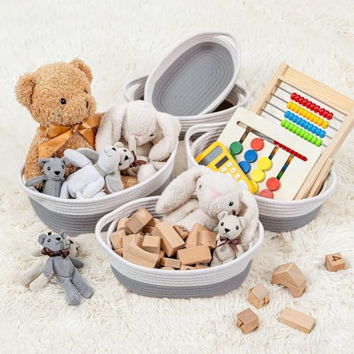 Image of Woven Basket with Gift Bags - Small Ribbons Durable Baskets for Christmas Gifts Empty Rope Basket for Storage 12 inchX 8 inch X 5 inch Baby Toy Basket with Handles (Grey)