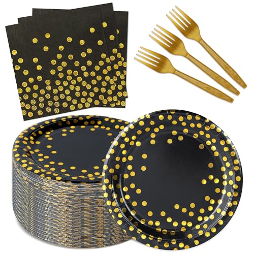 Upigi 150 PCS Black and Gold Paper Plates and Napkins Party Supplies,Serves 25 Guests Black Gold Plates and Napkins,Disposable Paper Tableware Set for Birthday Graduation Retirement Decorations