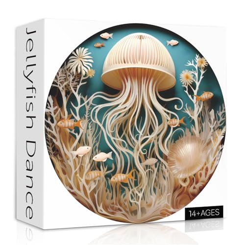 Puzzle de Medusas del Océano para Adultos 1000 Piezas, Rompecabezas Imposible de Pescado en el Profundo Azul, Puzzle Redondo de Medusas con Arte en Papel como Decoración de Pared miniatura 1