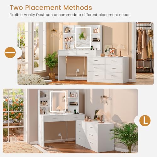 Image of FIONESO Vanity Desk with LED Light Mirror & Power Outlet, 8 Drawers, 6 Storage Shelves, 3 Color Modes & Adjustable Brightness Makeup Vanity, Corner Vanity, L Shape Vanity, 39.4 inch-64.9 inch Desk, White