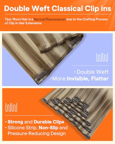 Image of Full Shine Clip in Extensions, Teddy Bear Blonde Human Hair | Invisible Hair Extensions Clip Ins, Remy Hair, Natural Look for Daily Wear, 18 Inch 120g 7 Pcs