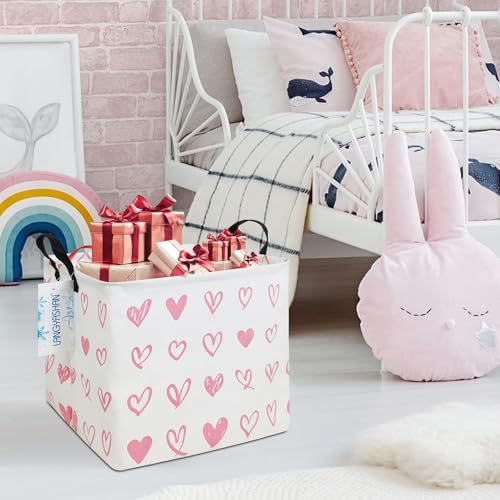 Image of Square Storage Baskets Children Shelves Gift Toy Organizer Room Pink Heart | Laundry Hamper Collapse Canvas with Handles for Organizing Home Kitchen Children Toys Office Closet Shelf