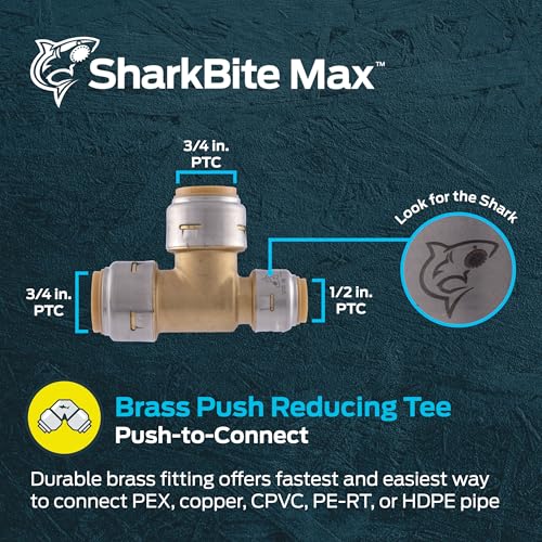 Image of SharkBite Max 3 /4 Inch x 1 /2 Inch x 3 /4 Inch Reducing Tee, Push To Connect Brass Plumbing Fitting, PEX Pipe, Copper, CPVC, PE-RT, HDPE, UR444A