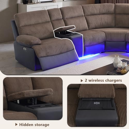 Image of Power Recliner Sectional Sofa Set with LED Lights, L Shaped Reclining Sectional Couch and Chair, Breathing Leather & Corduroy Sofa Set with Coffee Table /USB Port for Living Room