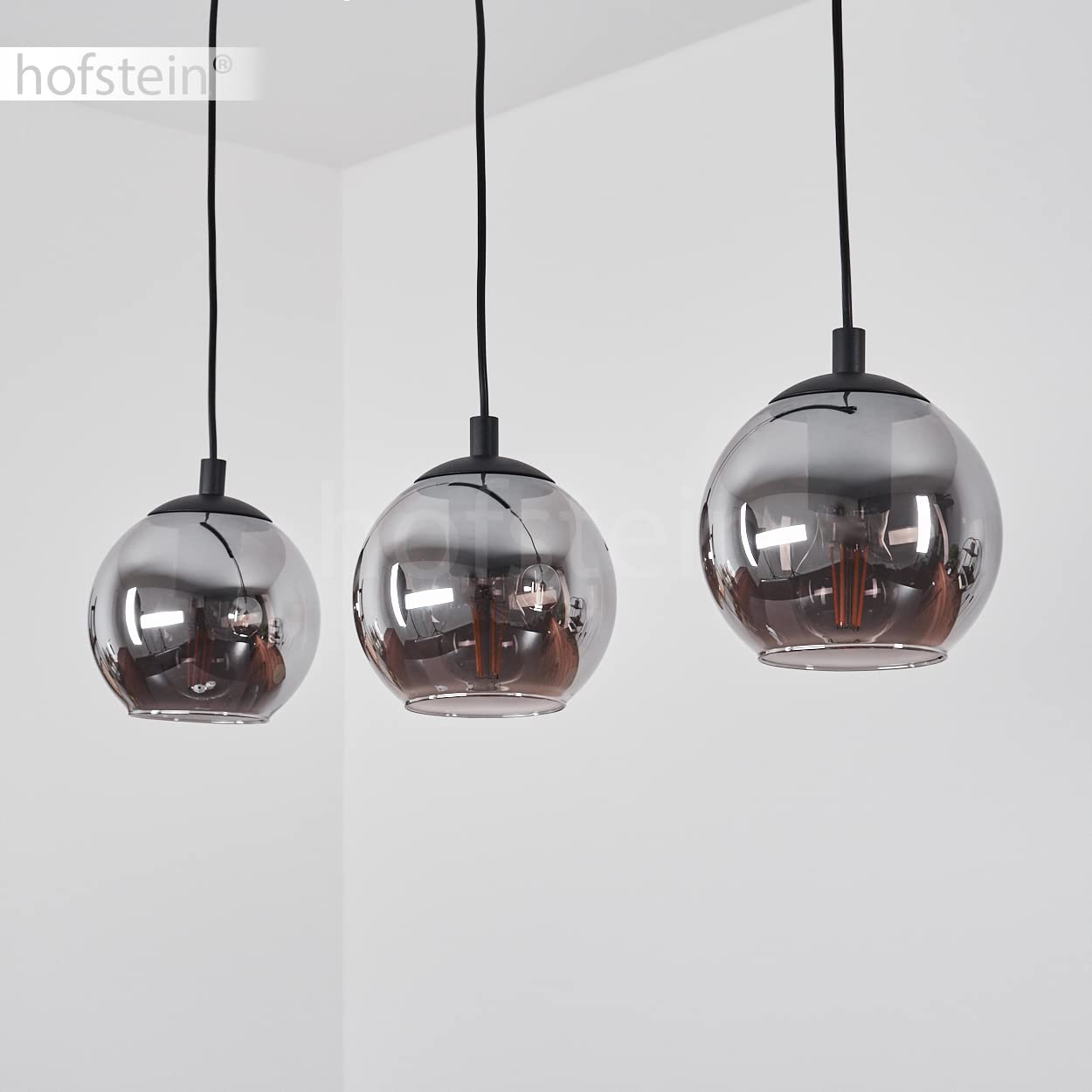 Sernf sospensione in metallo/vetro in colore nero/fumo, lampada a sospensioni con paralume in vero vetro (Ø 16,5 cm), 3 x E27, senza lampadina/e