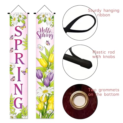 Image of Nuxovilar Hello Spring Tulip Daisy Porch Banners 12x70 Inches Polyester | Spring Porch Sign, Hanging Decor Colorful welcome Banner, Floral Tulip Accent Garden, Yard, Home (Hello Spring)