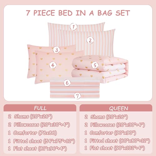 Queen Comforter Set with Sheets for Girls-7 Pieces Queen Bedding Sets with Pink Comforter, Sheets, Pillowcases & Shams for Kids (Pink Gold Heart, 90" X 90")