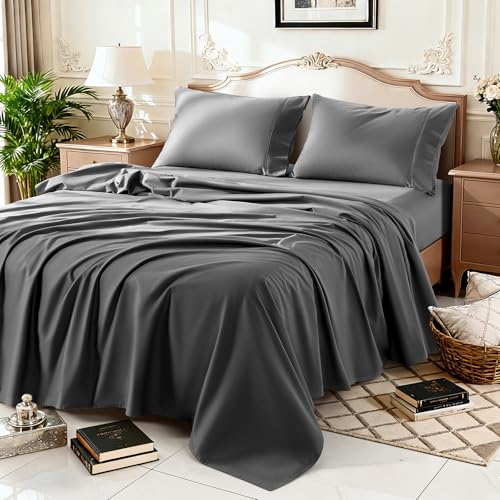 Image of 100% Egyptian Cotton Sheet Set 4 Pcs Queen Size Sheets 1000 Thread Count Breathable Soft Bedding Set Fitted Sheet with 16 inch Deep Pocket (Queen, Dark Gray)