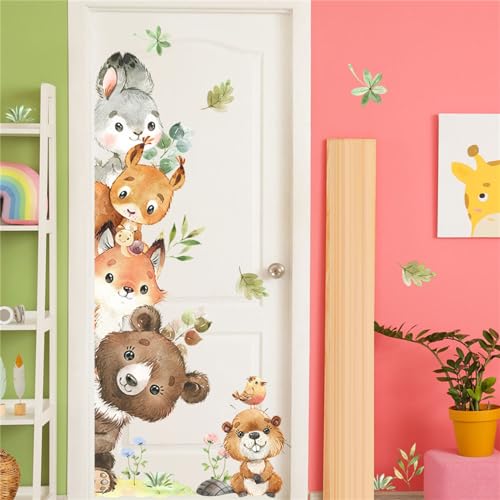 Image of Forest Baby Animals Wall Decals Cute Safari Animals Door Stickers Bear Squirrel Rabbit Woodland Wall Stickers Kids Room Baby Nursery Bedroom Door Wall Decor