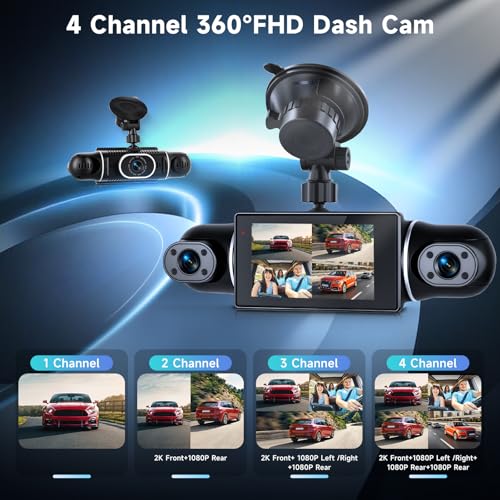 Image of 4 Channel Dash Cam with Front Rear Left Right Cameras, 360 Car Camera System for Driving & Parking, Night Vision, Parking Monitor, G-Sensor, Loop Recording, Multi-Camera Dashcam+64GB Card