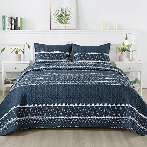 Andency Navy Blue Quilt Set California King (112x104 Inch), 3 Pieces(1 Striped Triangle Printed Quilt and 2 Pillowcases), Bohemian Summer Lightweight Reversible Microfiber Bedspread Coverlet Sets