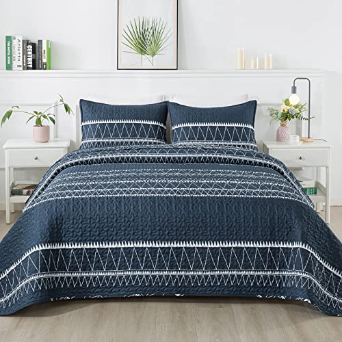 Andency Navy Blue Quilt Set California King (112X104 Inch), 3 Pieces(1 Striped Triangle Printed Quilt And 2 Pillowcases), Bohemian Summer Lightweight Reversible Microfiber Bedspread Coverlet Sets #TOP18