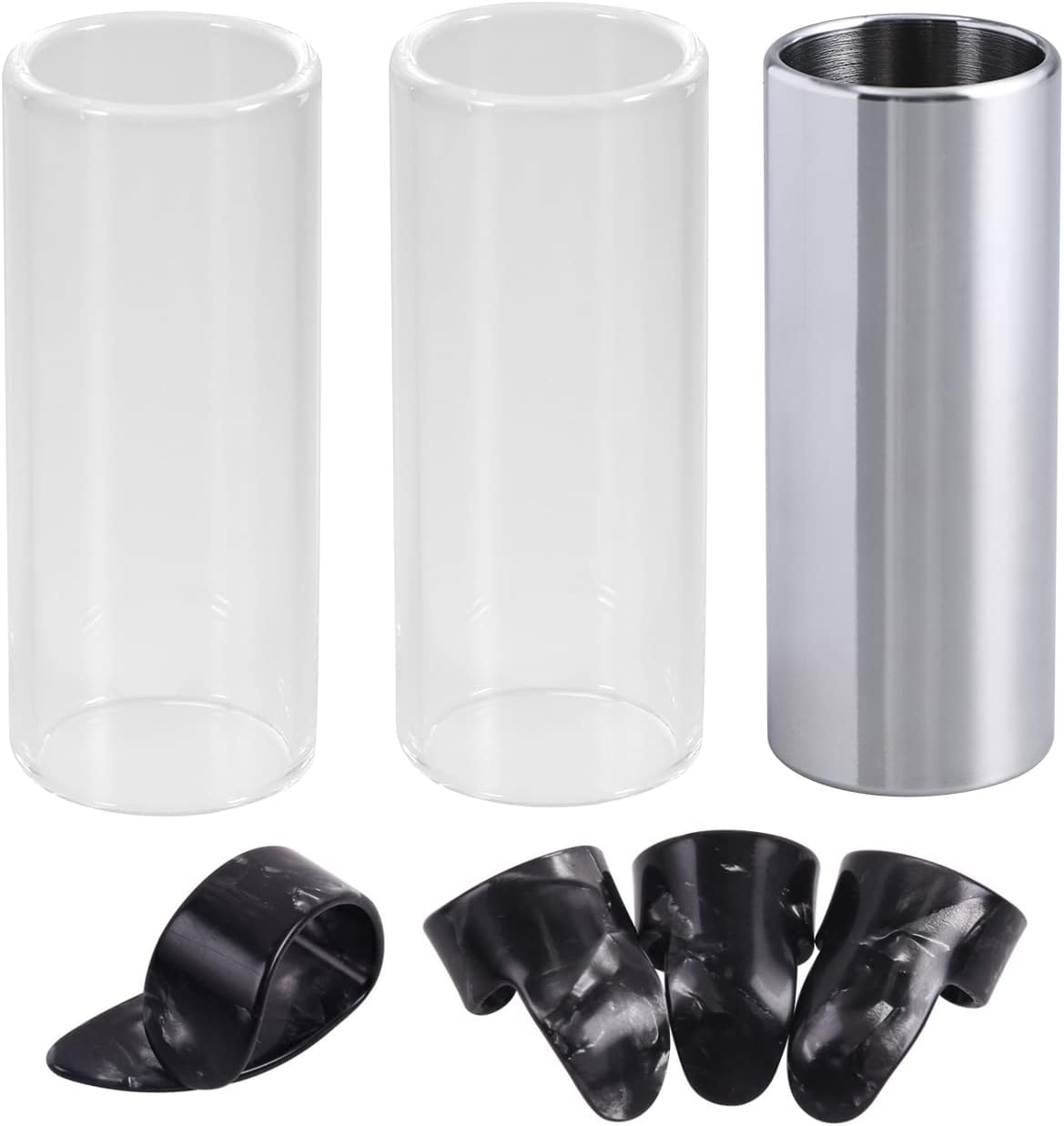 Guitar Slides Set, Include 2 Glass Slides, 1 Steel Guitar Slide, 4 Thumb & Finger Picks for Electric and Acoustic, Medium