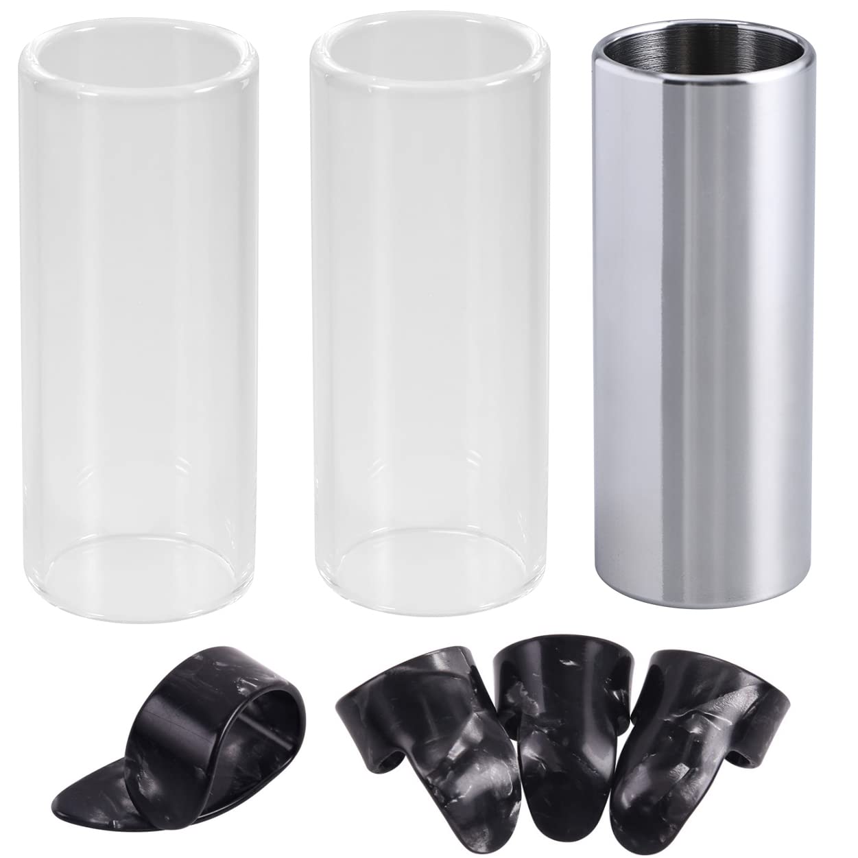Guitar Slides Set, Include 2 Glass Slides, 1 Steel Guitar Slide, 4 Thumb & Finger Picks for Electric and Acoustic, Medium