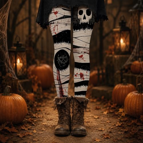 Halloween Leggings Halloween Leggings for Women Stretch Cute Graphic High Waist Yoga Pants Khaki1 Large - image 3