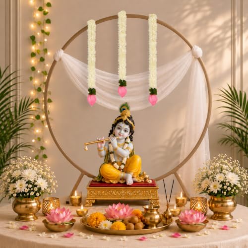 Image of Party Propz Golden Metal Ring Stand for Ganpati Decoration Setup for Home - 5pcs Ganpati Decoration Stand with White Net Curtain and Lotus Bud, Varalakshmi Pooja Decorative Items, Janmashtami Decor