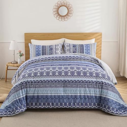 Image of E-yimeng Double Bedding Set Bohemian Duvet Cover Sets Mandala Bed Cover with 2 Pillowcases Zipper Luxury Reversible Grey Hotel Quality Easy Care Super Soft Bedding Collections 200x200 cm