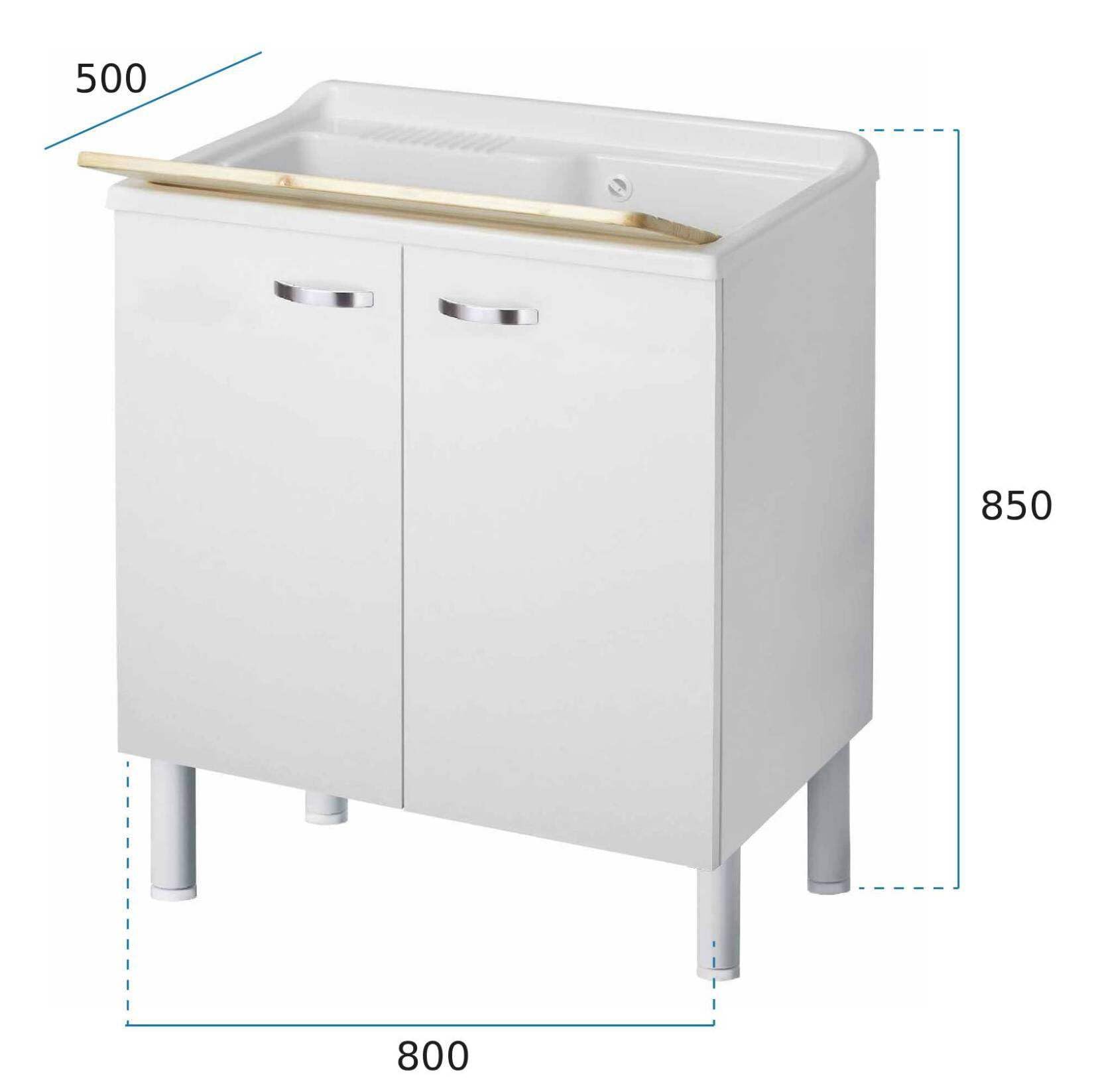 Negrari Arcobaleno Lavatoio Interno Misura 80x50 L80 P50 H85 cm Bianco Mobile Nobilitato Idrofugo Legno Vasca Resina Asse Lavaggio Polipropilene Sifone Autopulente Troppopieno Piedini Regolabili