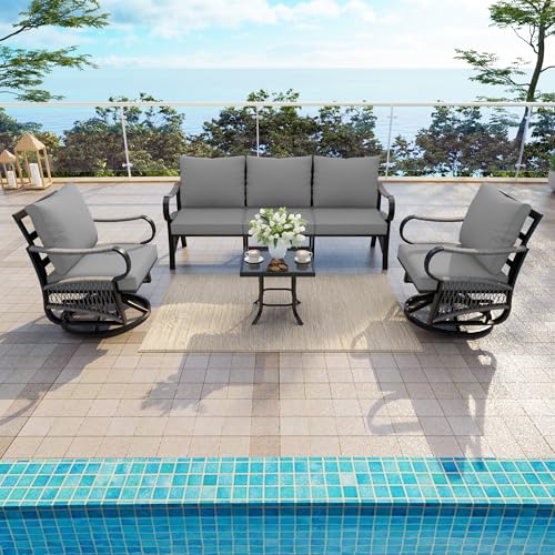 Image of 4 Pieces Outdoor Furniture Set, Patio Conversation Set with Swivel Rocking Chairs Sets and 3-Seater Couch Sofa for Deck, Porch, Garden, Backyard, Poolside (Gray Cushions)