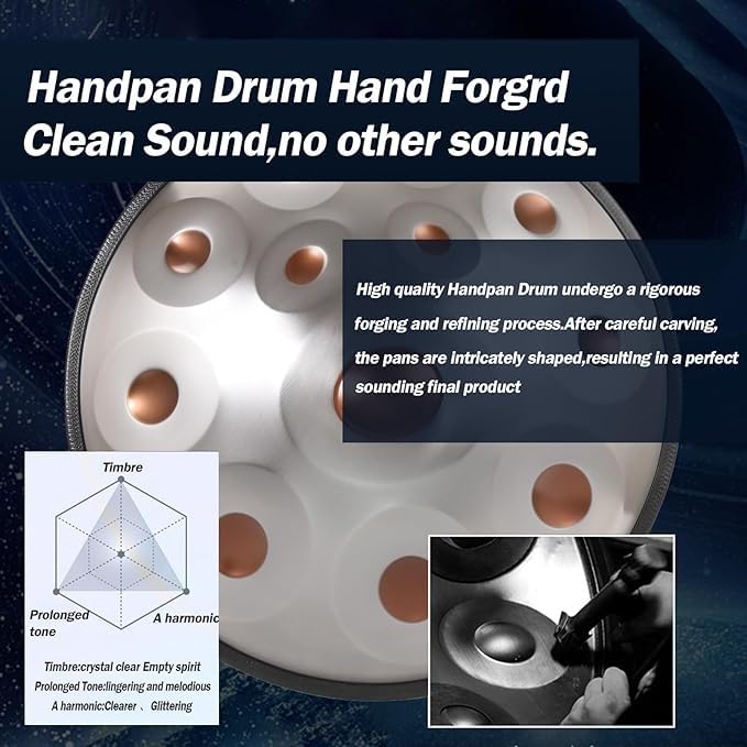 Handpan Drum 440Hz/432Hz 9/10/12 Note Pan Metalowe instrumenty perkusyjne ze stali nierdzewnej, złota spirala (9 nut (432Hz))