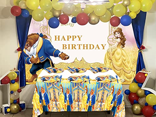 51Pcs Beauty And The Beast Party Supplies,Princess Belle Party Tableware Set,Dinner Dessert Plates Napkins Forks Tablecloth For Girls Princess Birthday Tea Party Table Decor,10 Guests #TOP4