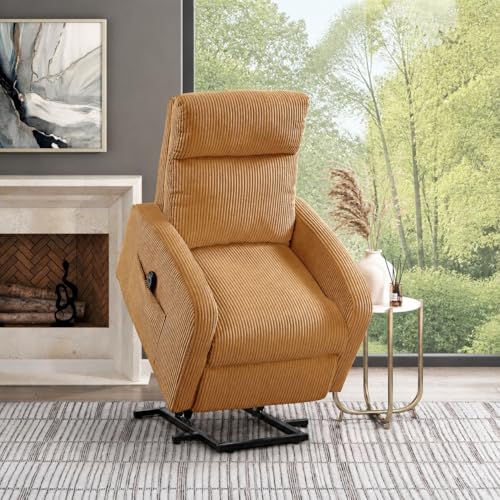Contemporary Power Lift Chair Recliner, Comfortable Yellow Plush Corduroy Upholstery, Ergonomic Design, Perfect for Seniors, Side Pocket Storage, Stylish Living Room Furniture