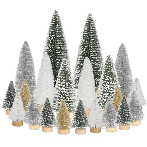 21 Stück Mini Tannenbaum Deko, Künstlich Miniatur Weihnachtsbaum, Klein Christbaum Grün Silber Weiß Gold 4.5/10/15cm Tree für Weihnachtsdeko Tisch, Winterdeko, Weihnachtsdorf Zubehör DIY