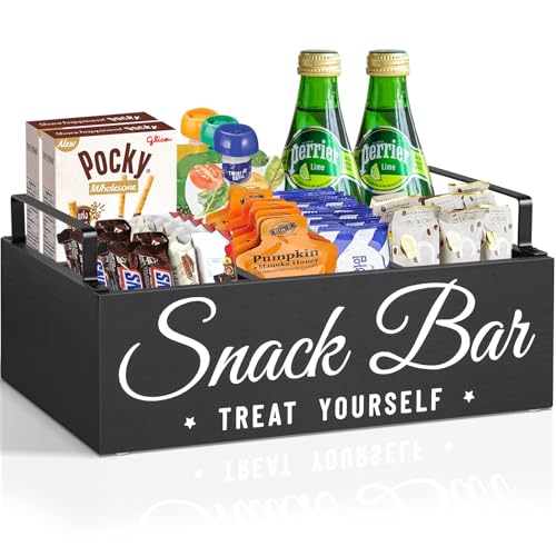 Unistyle Wood Pantry Storage Bins with Handles, Snack Organizer for Countertop, 4 Compartment Food Container Snack Box, Black