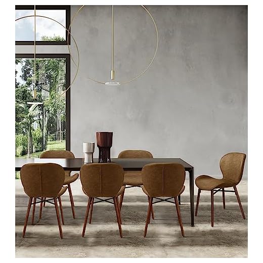 KithKasa Mid Century Modern Dining Chair Set of 6 Faux Leather Side Chair with Walnut Color Wood Legs for Kitchen Dining Room, Brown