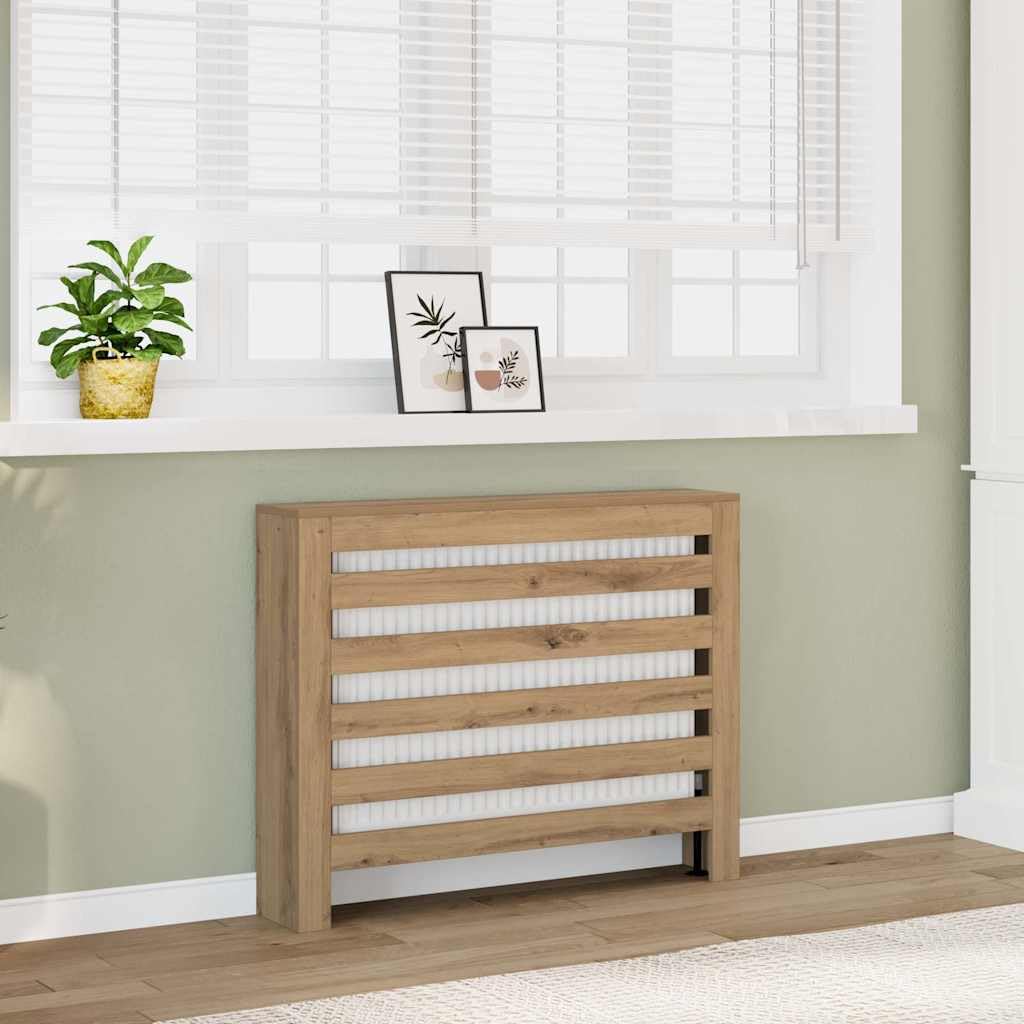 Copertura per termosifoni in rovere Artisan, 104 x 20 x 82 cm, con design a doghe, pratico ripiano e supporto da parete per soggiorno, bagno, cantina e soggiorno