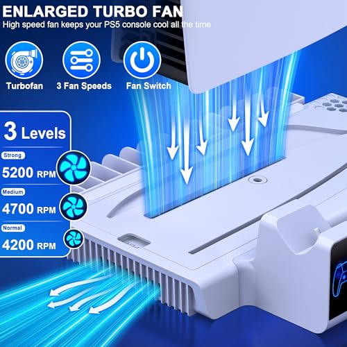 PS5 Slim Stand and Cooling Station with Controller Charging Station for Playsation 5, PS5 Accessories Incl. 3 Levels Turbo Fan, 14 Game Slots, Headset Holder, PS5 Cooler for PS5 Digital/Disc - Thumbnail 2