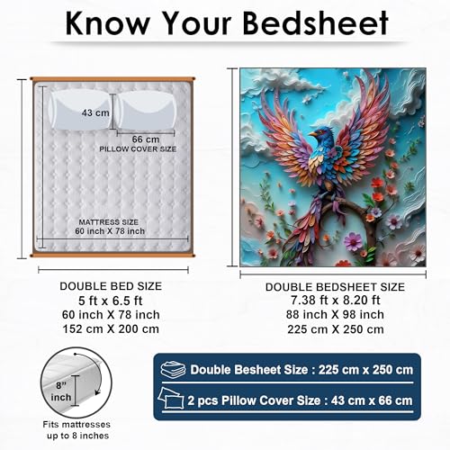 Image of 240 TC Cotton Double Bedsheet for King Bed (225x250 Cm) | 7D Digital Printed Double Bedsheet with 2 Pillow Covers | Soft, Wrinkle Packaging - Pheonix
