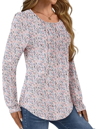 GKBK Women Long Sleeve Shirts Fall Tops Dressy Pleated Scooped Neck Tunic Tops for Leggings Floral White 3XL — view 3
