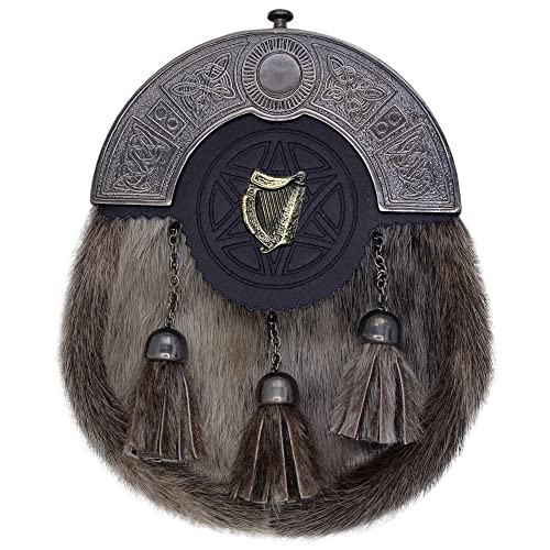 Imperial Kilt Products - Escocesa escocesa Sporrans para hombre, estilo insignia de dragón galés Sporran con correa de cuero y cadena de acabado antiguo, esporrans de cuero para hombres y niños, Arpa