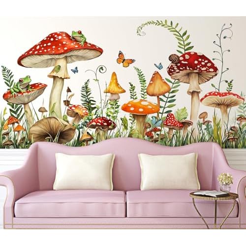 Mushroom Wall Decals Peel and Stick, Large Frog Butterflies Grass Vinyl Wall Stickers, Removable Home Decor Art for Bedroom Living Room Classroom Offi