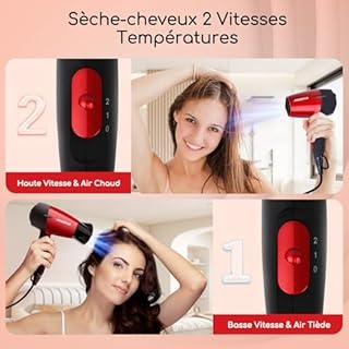 Aigostar Seche Cheveux Voyage Pliable, 1500W Hair Dryer Rouge, 400g Léger, avec Styling Nozzles, 2 Chauffage, Double Tension, pour les Familles, Voyage, Bagages à main, Hôtel, Gym